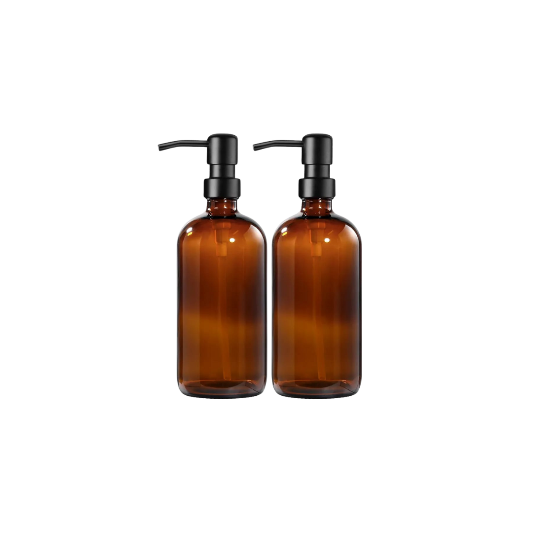 Livarno Amber Glass Pump Bottles Set of 2 with Stickers