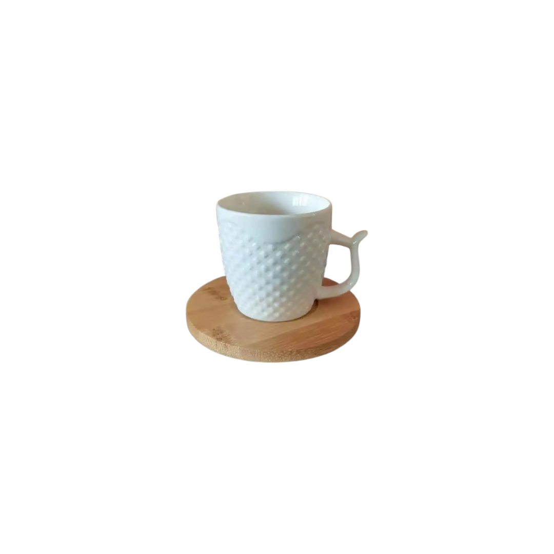 Textured Ceramic Mug with Bamboo Saucer Set of 6
