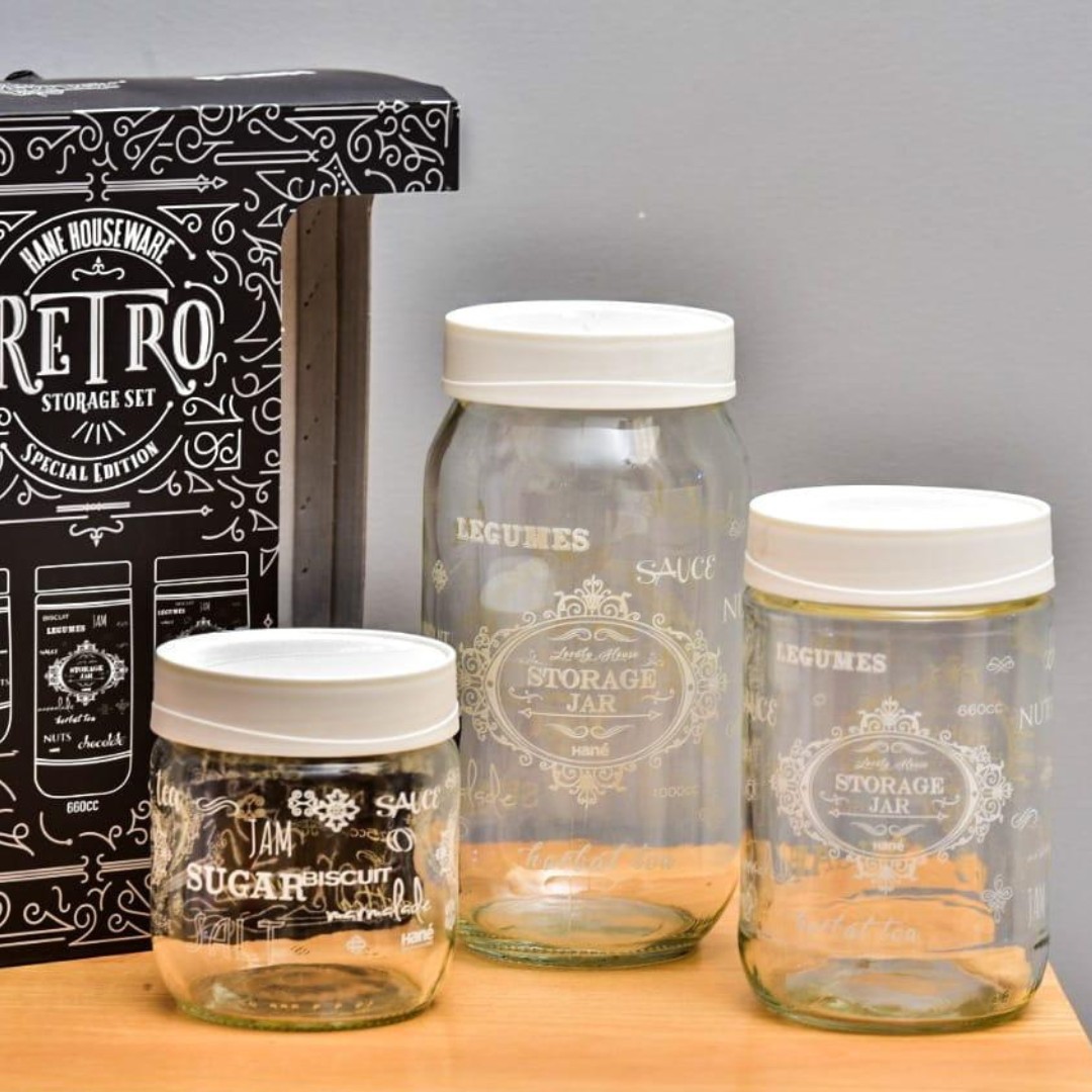 Glass Storage Jar Set with White Lids Set of 3